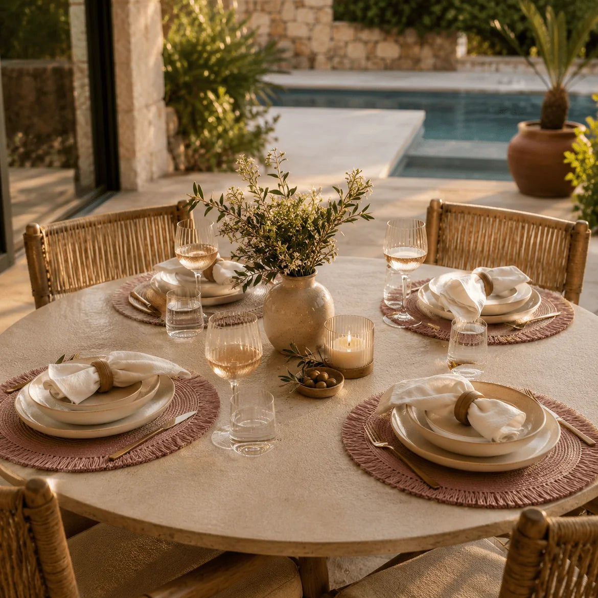 Almoço ao ar livre com os jogos americanos Comporta Rosa Provençal na mesa redonda