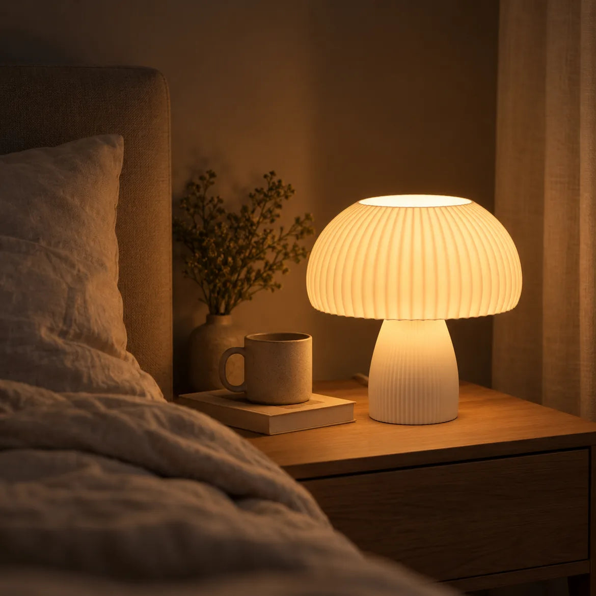 Abajur Lucca aceso na mesa de cabeceira à noite, ao lado da cama