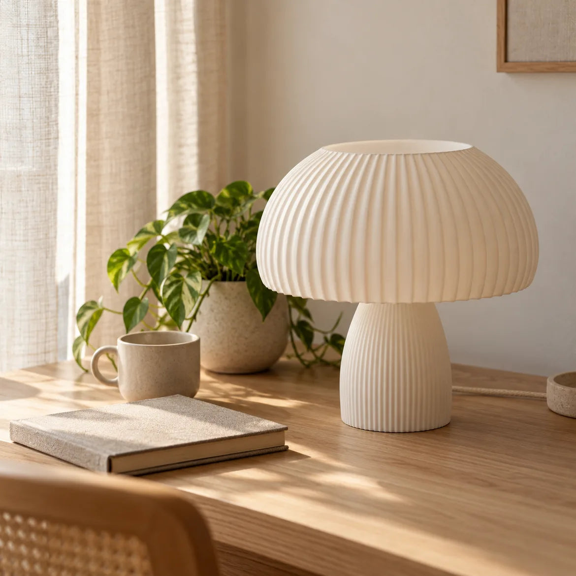 Abajur Lucca em escrivaninha com luz natural, entre planta e caderno