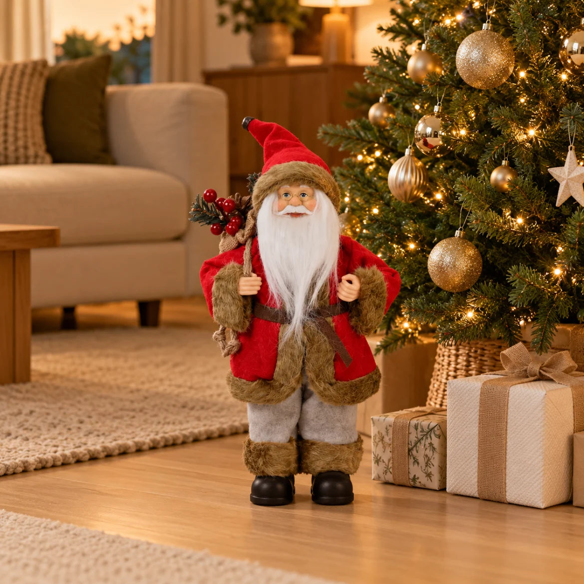Papai Noel Livigno ao lado da árvore de Natal em sala decorada