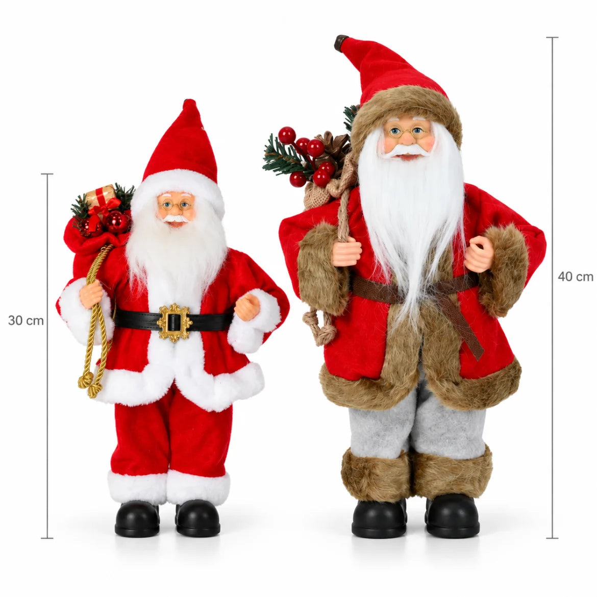 Comparação de tamanho: Papai Noel Livigno de 30 cm e de 40 cm lado a lado