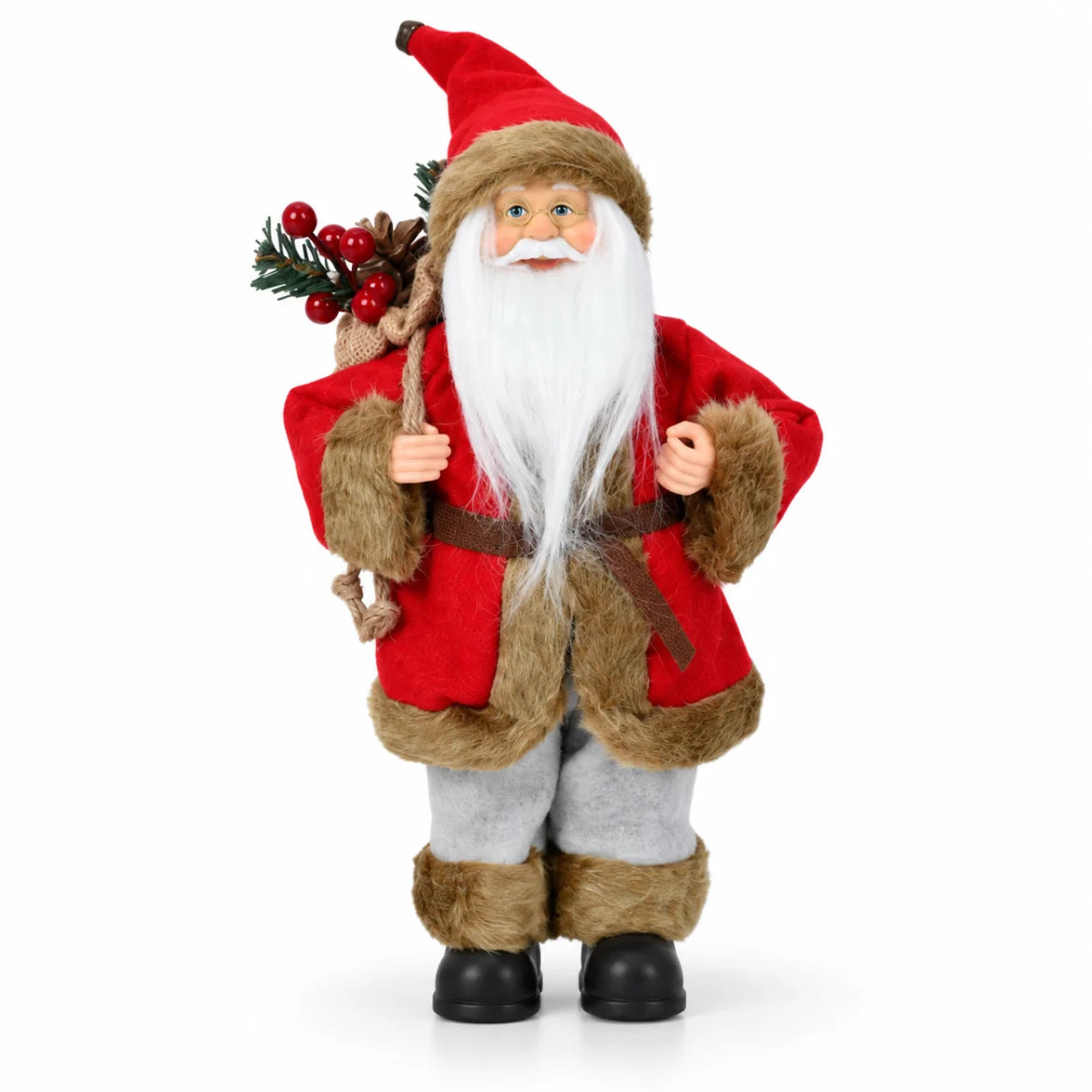 Papai Noel decorativo Livigno de 40 cm com casaco vermelho e bege, em fundo branco
