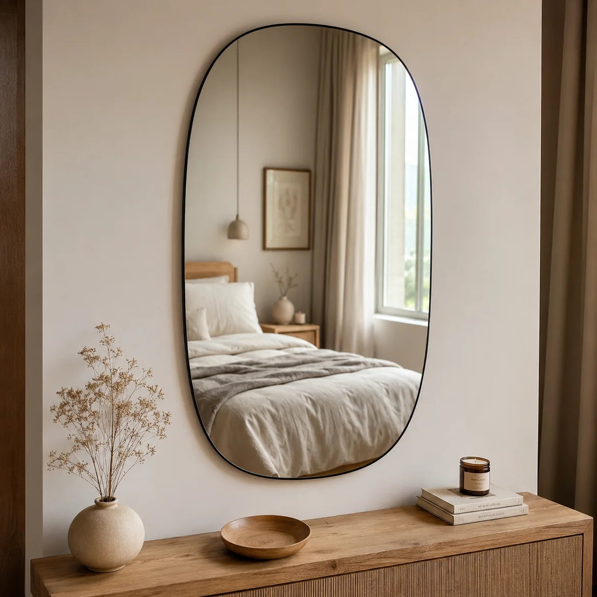 Espelho Marbella no quarto, refletindo a cama e a luz da janela