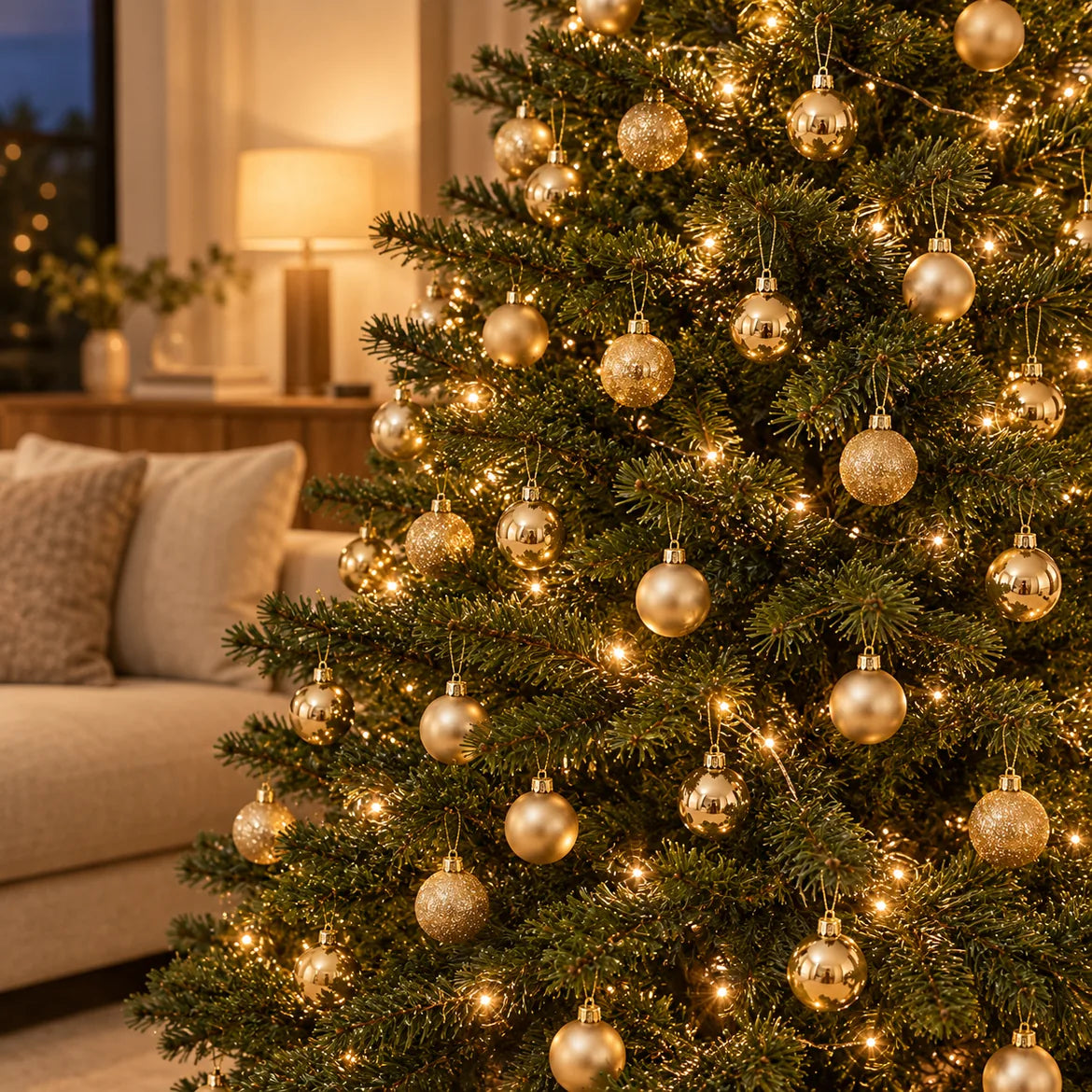 Árvore de Natal completa com as bolas douradas Merano e luzes acesas