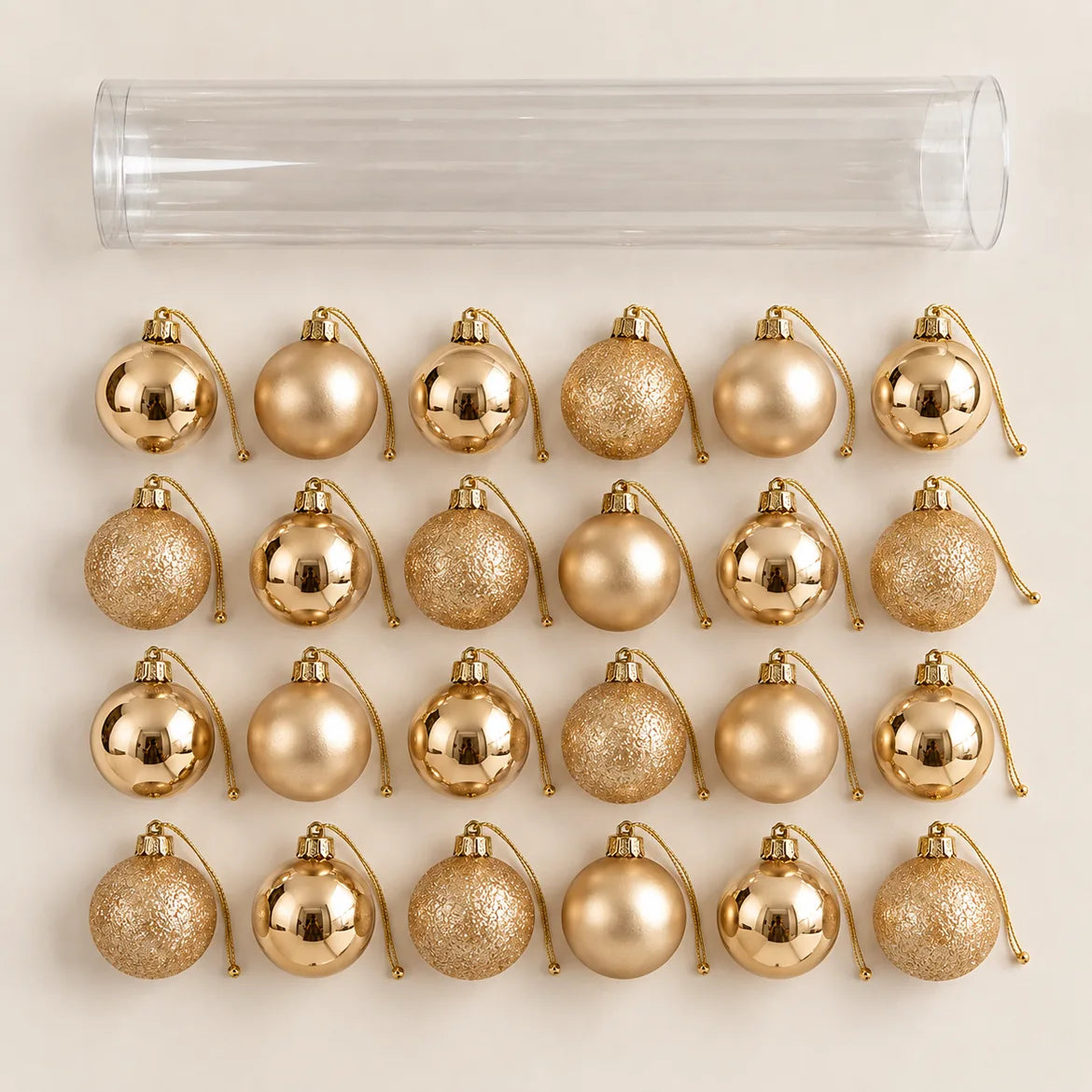 As 24 bolas de um kit Merano ao lado do tubo transparente em que chegam