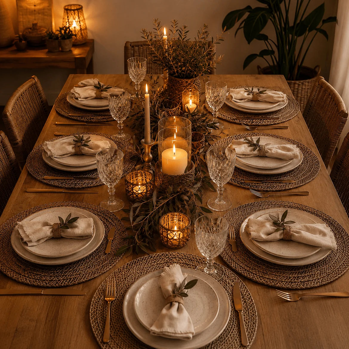 Mesa de jantar à noite, com velas e os jogos americanos Nara