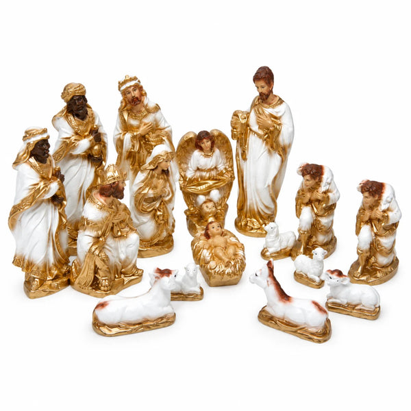 Presépio de Natal Ortisei com 15 peças em gesso branco e dourado, em fundo branco