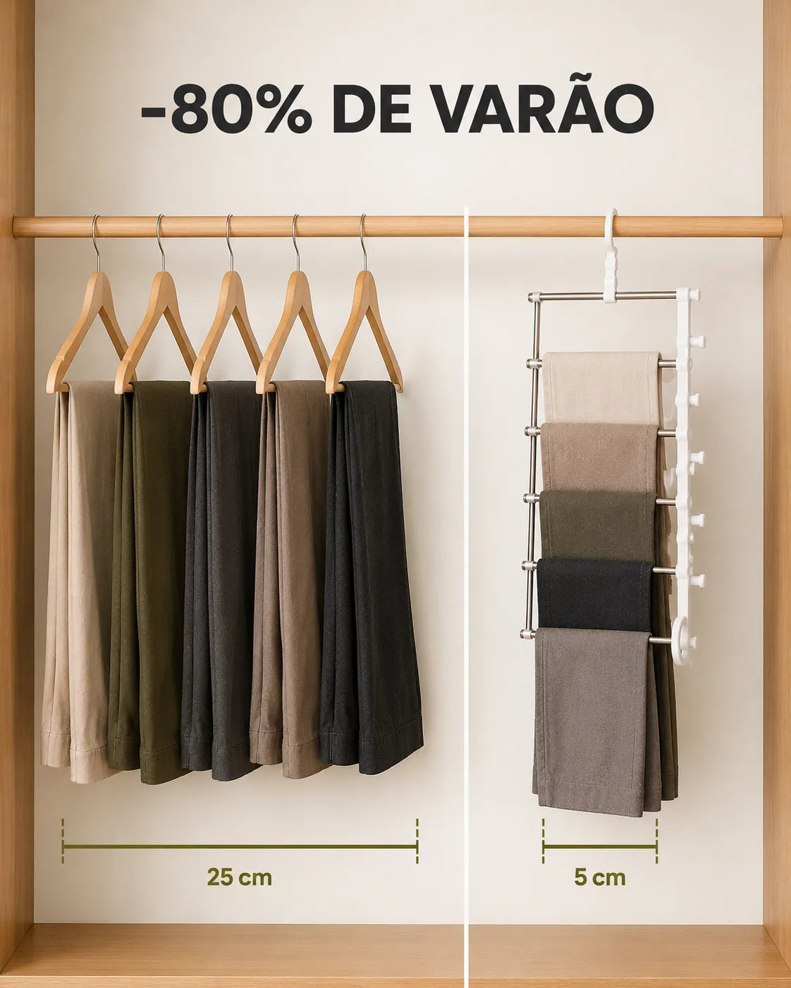 Comparativo: 5 cabides comuns ocupam 25 cm, o Portofino ocupa 5 cm