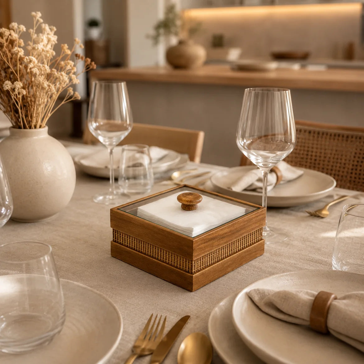 Provence compondo uma mesa posta com taças e louça neutra