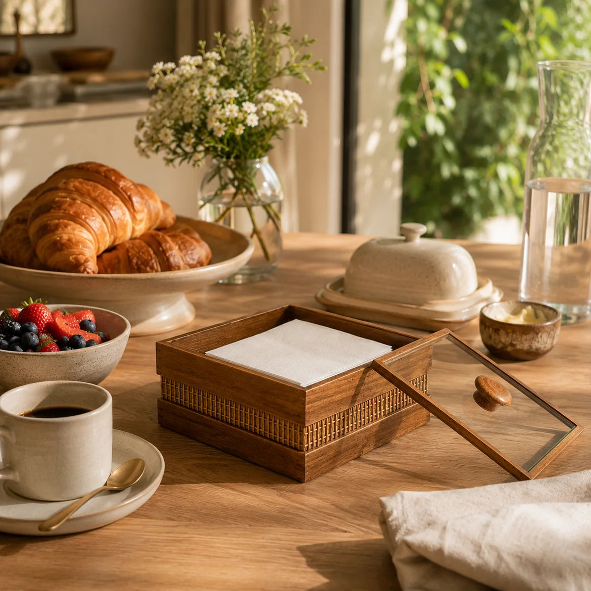 Provence em mesa de café da manhã com pães e frutas