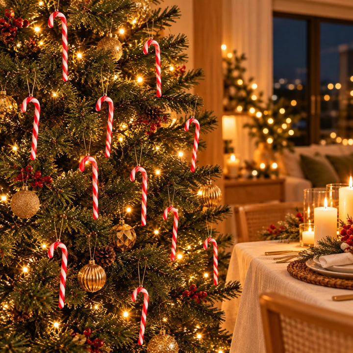 Árvore de Natal iluminada decorada com bengalas de doce vermelho e branco Pinzolo, com a mesa da ceia ao fundo