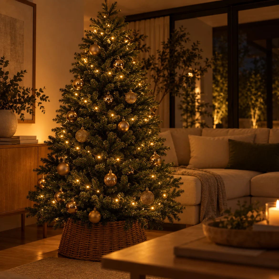 Árvore de Natal com o fio de fada Sestriere aceso em sala à noite
