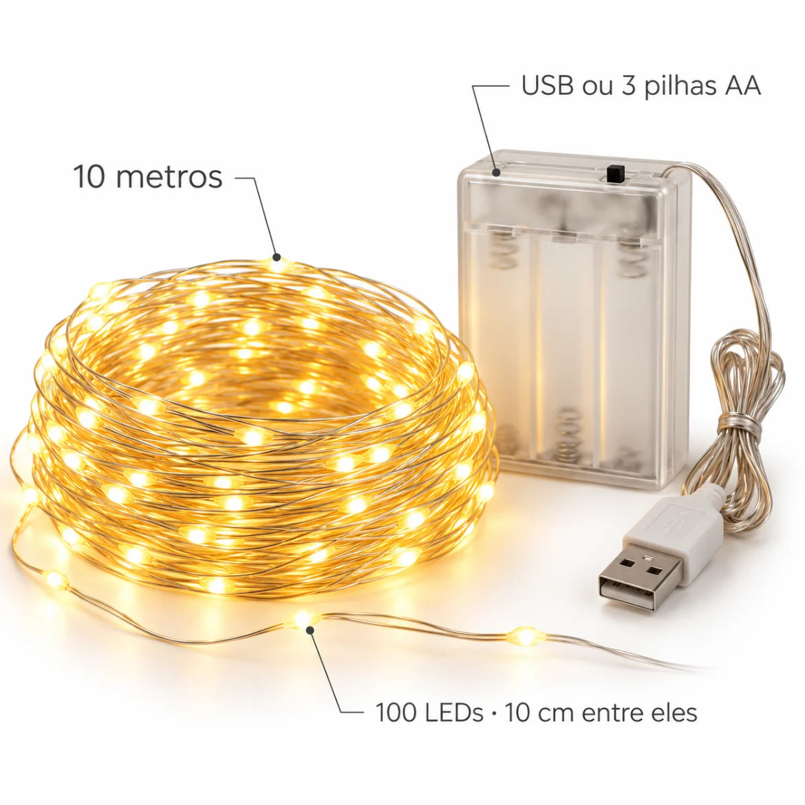 Medidas do fio de fada Sestriere: 10 metros, 100 LEDs, 10 cm entre cada LED