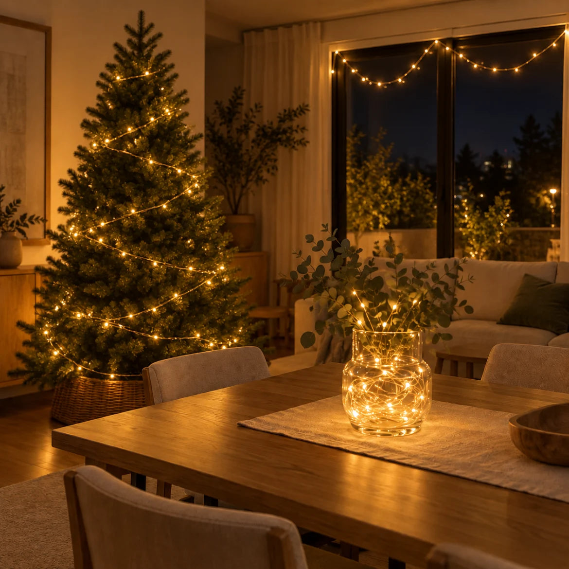Três fios de fada LED Sestriere acesos: na árvore, na mesa e na janela