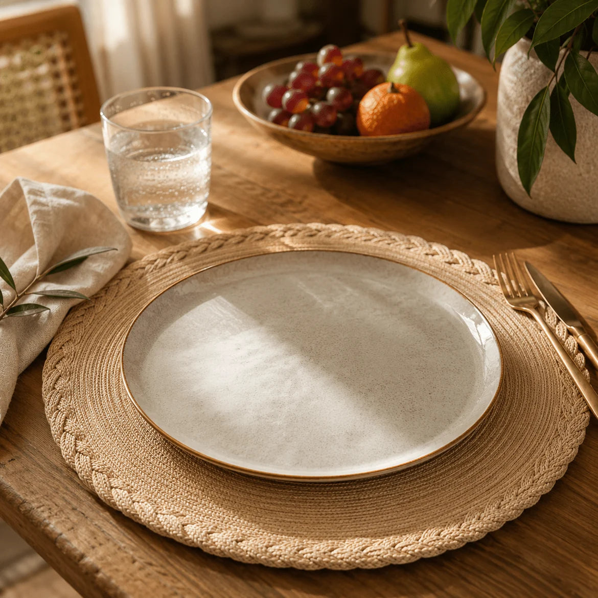 Mesa posta com o Sintra, louça clara, frutas e taça