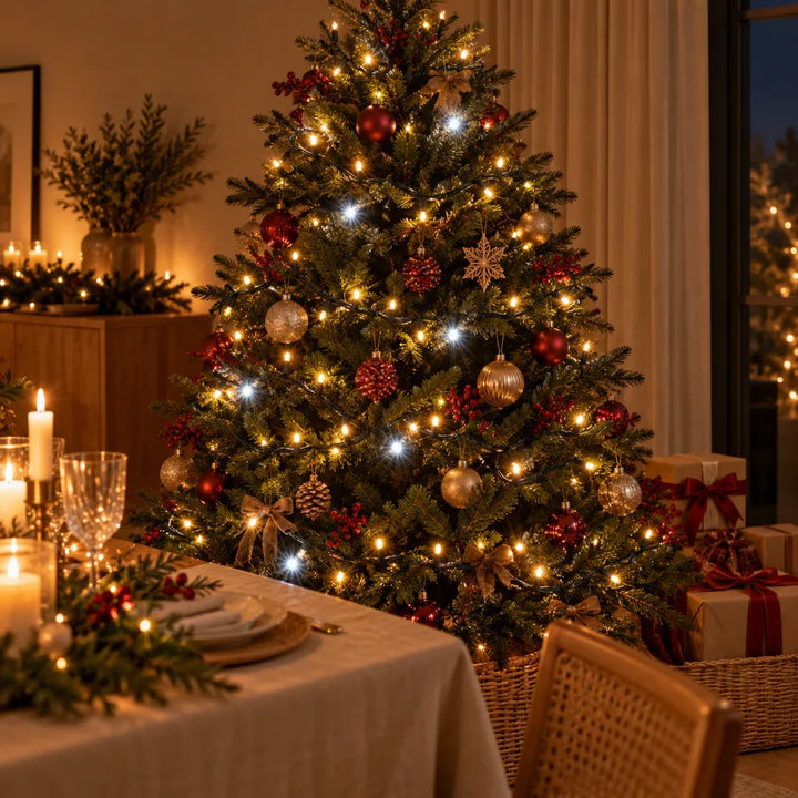 Árvore de Natal com pisca-pisca strobo branco quente aceso na sala, ao lado da mesa da ceia