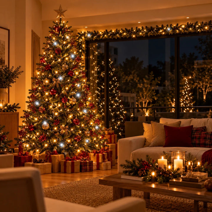 Árvore de Natal grande e janela decoradas com 4 cordões de pisca-pisca strobo emendados