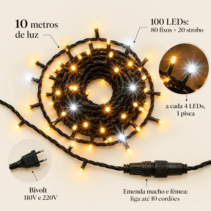 Medidas do pisca-pisca strobo: 10 metros, 100 LEDs, 80 fixos e 20 strobo, bivolt e emenda