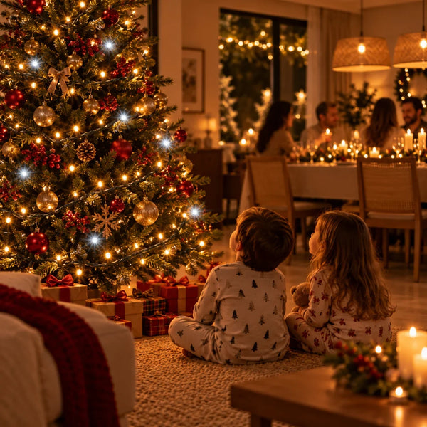Crianças de pijama olhando a árvore de Natal acesa com pisca-pisca strobo