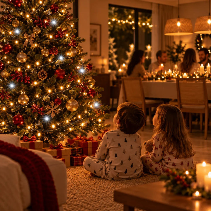 Crianças de pijama olhando a árvore de Natal acesa com pisca-pisca strobo