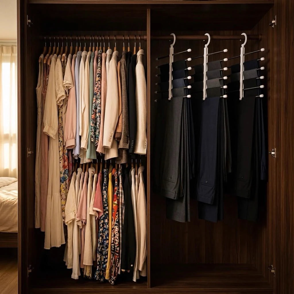 Guarda-roupa de casal com o lado dele organizado pelo cabideiro Torino