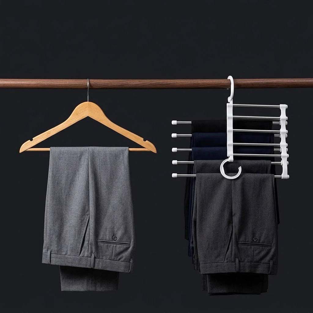Comparação entre um cabide comum com uma calça e o Torino com cinco