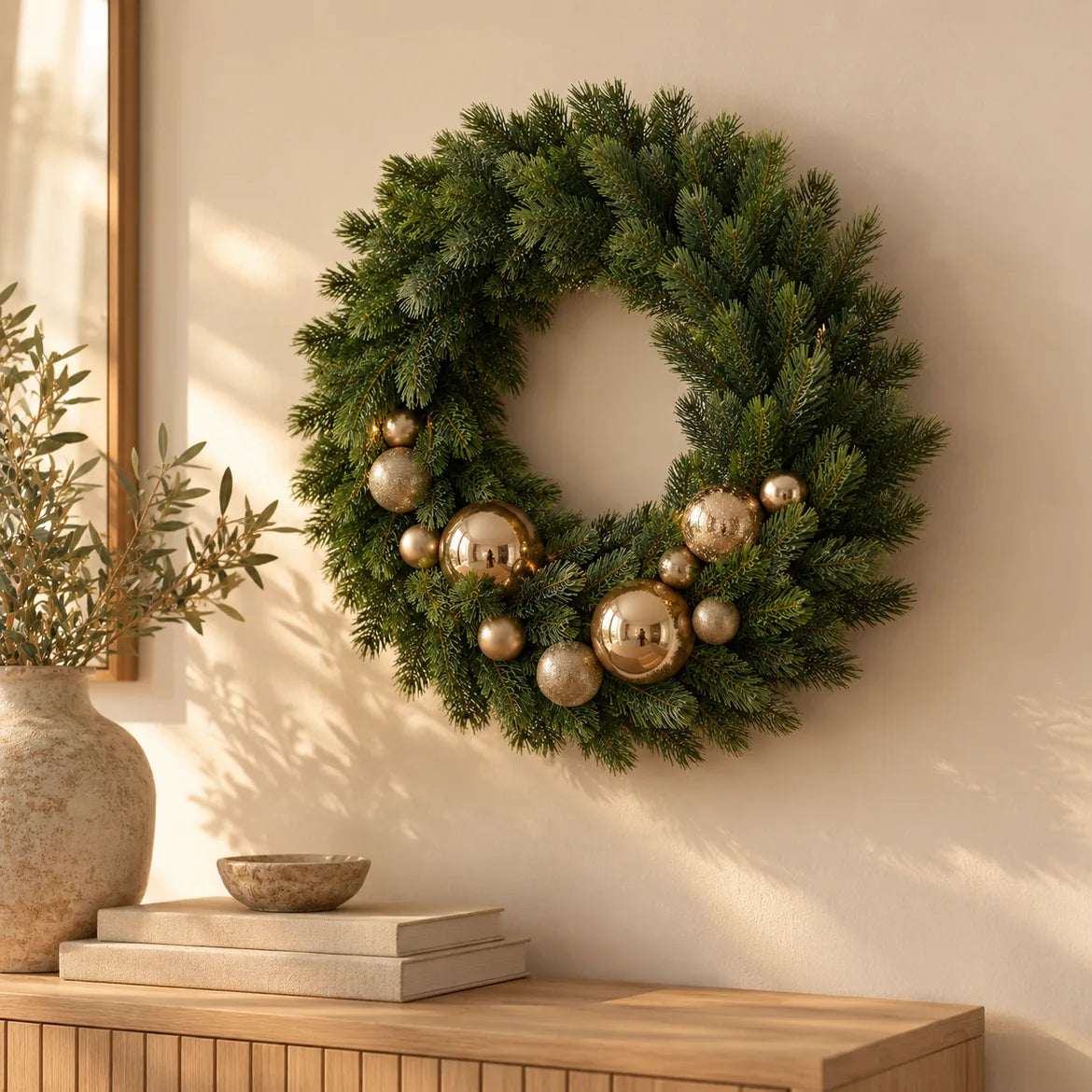 Guirlanda Trento decorada com bolas douradas na parede da sala