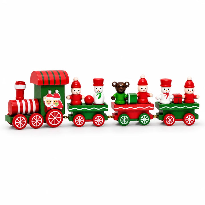 Trenzinho de Natal em madeira Vipiteno com locomotiva e 3 vagões, em fundo branco