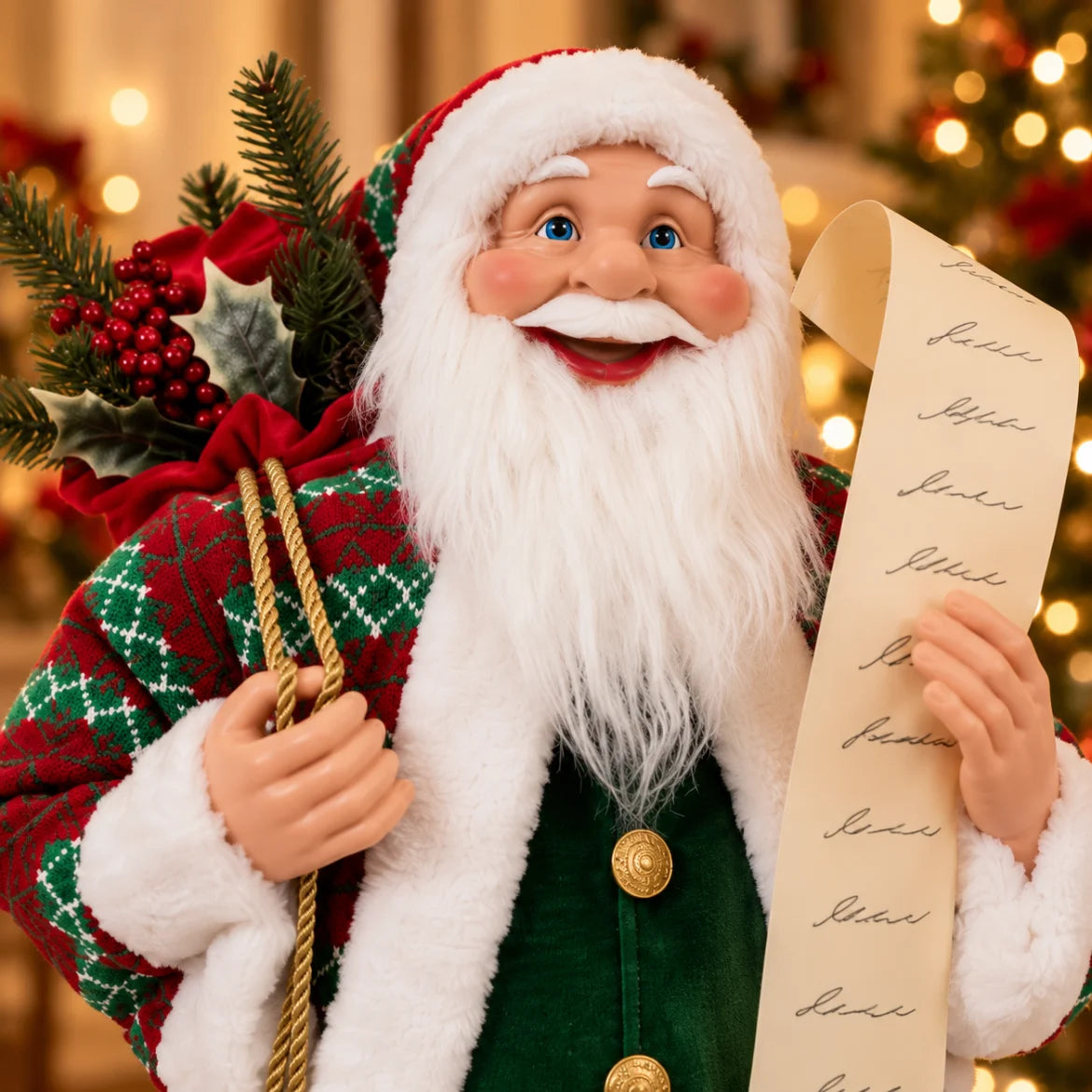 Close do rosto, da lista de Natal e do colete verde do Papai Noel Tarvisio