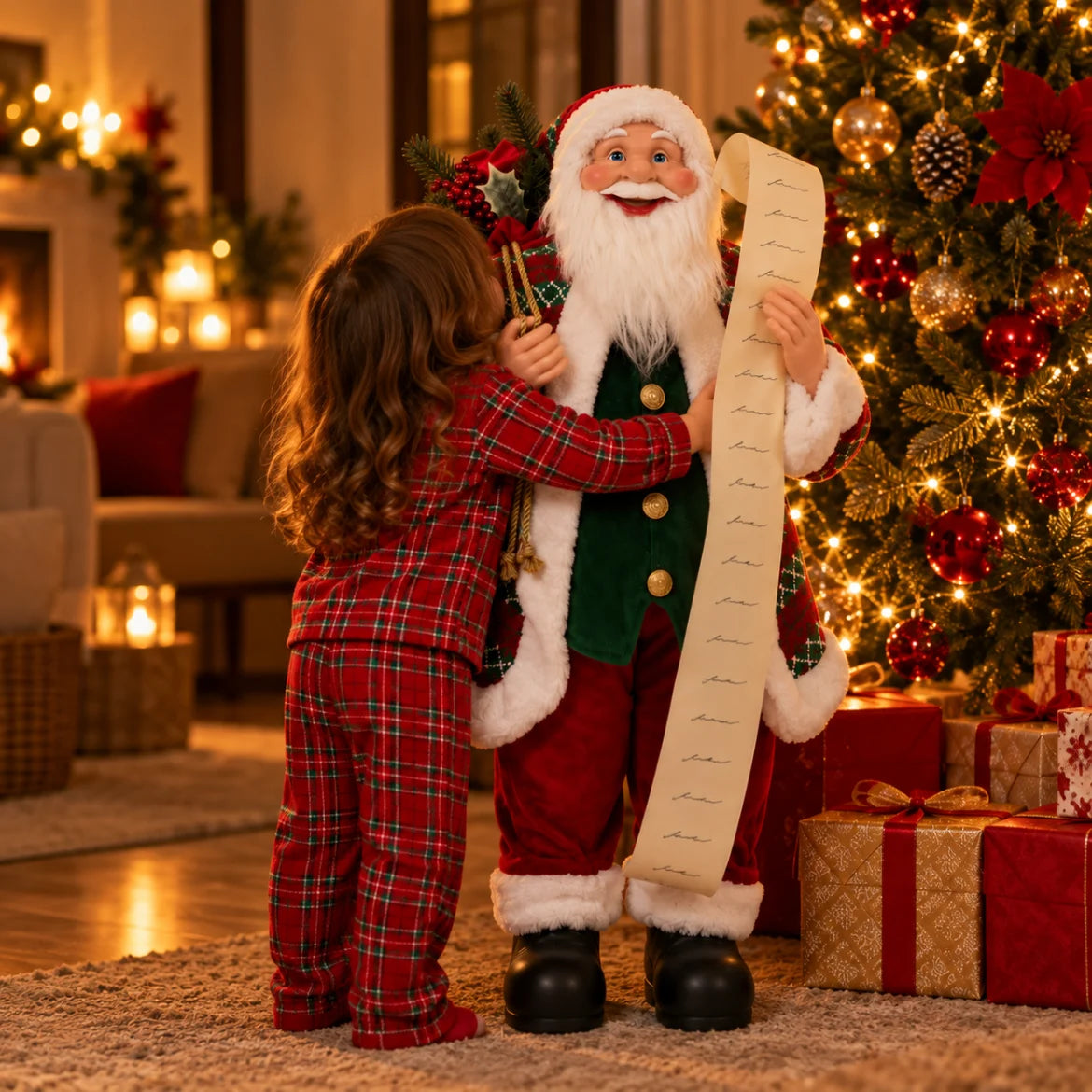 Criança abraçando o Papai Noel grande Tarvisio perto da árvore acesa