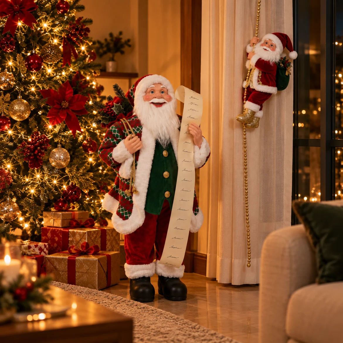 Papai Noel grande Tarvisio ao lado da árvore e o Papai Noel Bormio subindo na corda da cortina