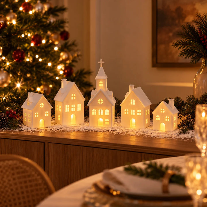 Vila de Natal Moena acesa no aparador com a árvore de Natal e a mesa da ceia ao fundo