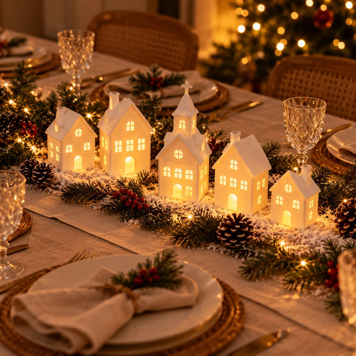 Vila de Natal Moena acesa como centro de mesa da ceia de Natal